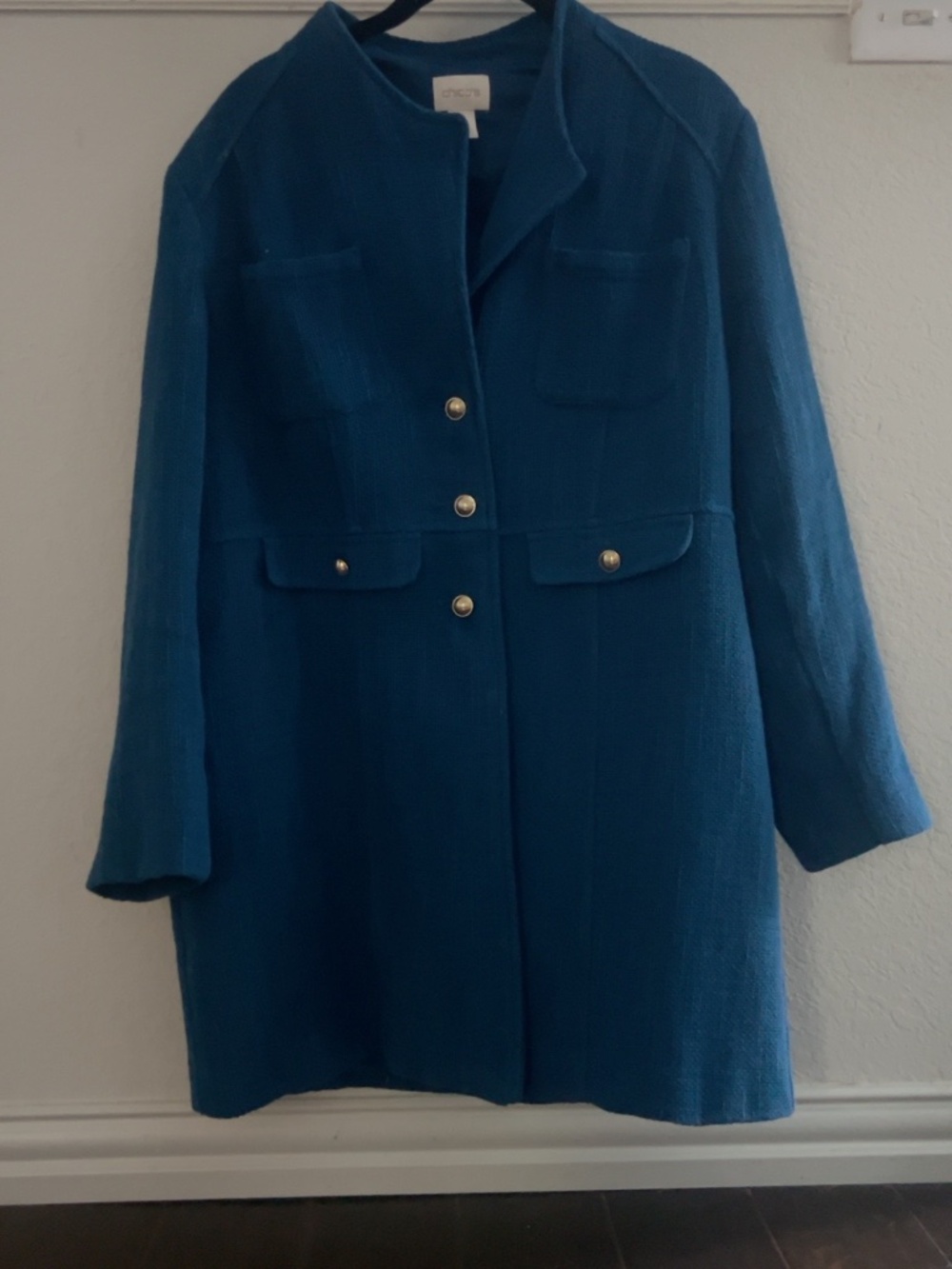 Chico’s Blue Teal Textured Long Jacket Coat Size 2 L